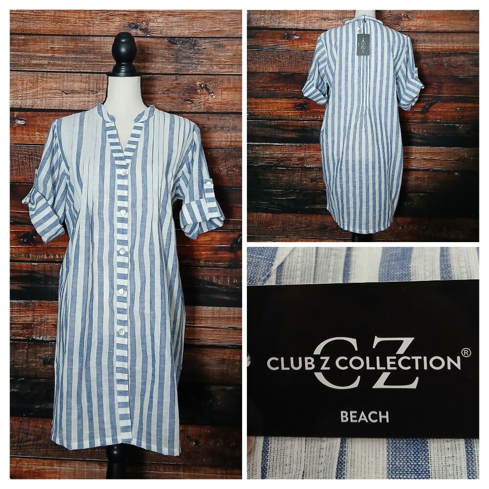 NWT Club Z Collection Tunic Top M Woven Sheer Cotton Pin Tuck Pleat Swim Cover